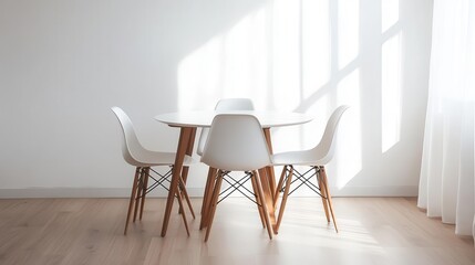 minimalist scandinavian dining set white round table with sleek wooden legs set against a stark white backdrop clean lines and simplicity emphasize form and function