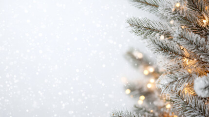A snowy Christmas tree adorned with warm lights creates cozy and festive atmosphere, perfect for celebrating holiday season. gentle snowfall adds magical touch to scene