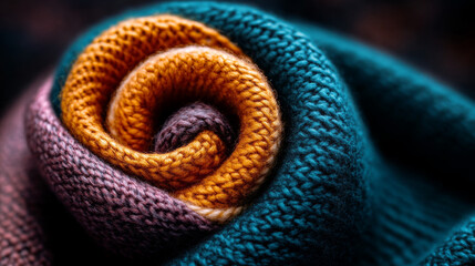 Luxurious woolen fabric in spiral pattern, showcasing rich colors of teal, orange, and purple. texture invites warmth and comfort, perfect for cozy settings