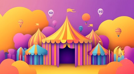 Fototapeta premium abstract paper cut background carnival festival, 2D flat design carnival tent entrance.