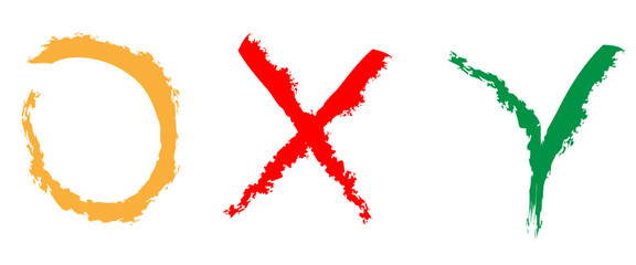 Set of red green check marks doodle icons with brush strokes styles. Grainy, grungy, dusty, rusty, or dirty textured symbol. Yes or no sign. Hand drawn graffiti elements for checkbox and voting