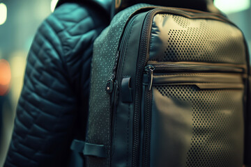 Stylish close-up of a sleek backpack designed for urban explorers in a vibrant city environment at dusk