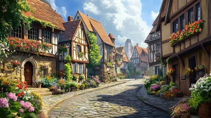 Fototapeta premium A winding cobblestone road leading through a quaint European village with half-timbered houses and flower boxes.