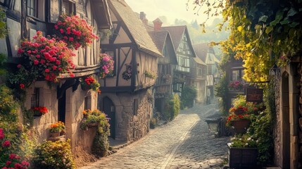 A winding cobblestone road leading through a quaint European village with half-timbered houses and flower boxes.