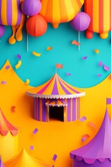 Obraz premium abstract paper cut background carnival festival, 2D flat design carnival tent entrance.