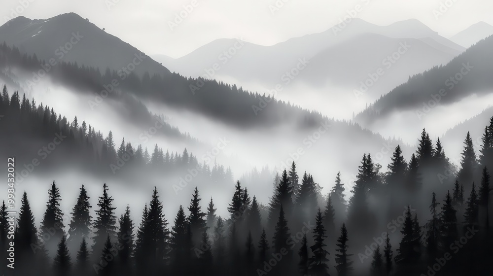 Poster misty mountain landscape layered peaks shrouded in ethereal fog with a dense coniferous forest silho