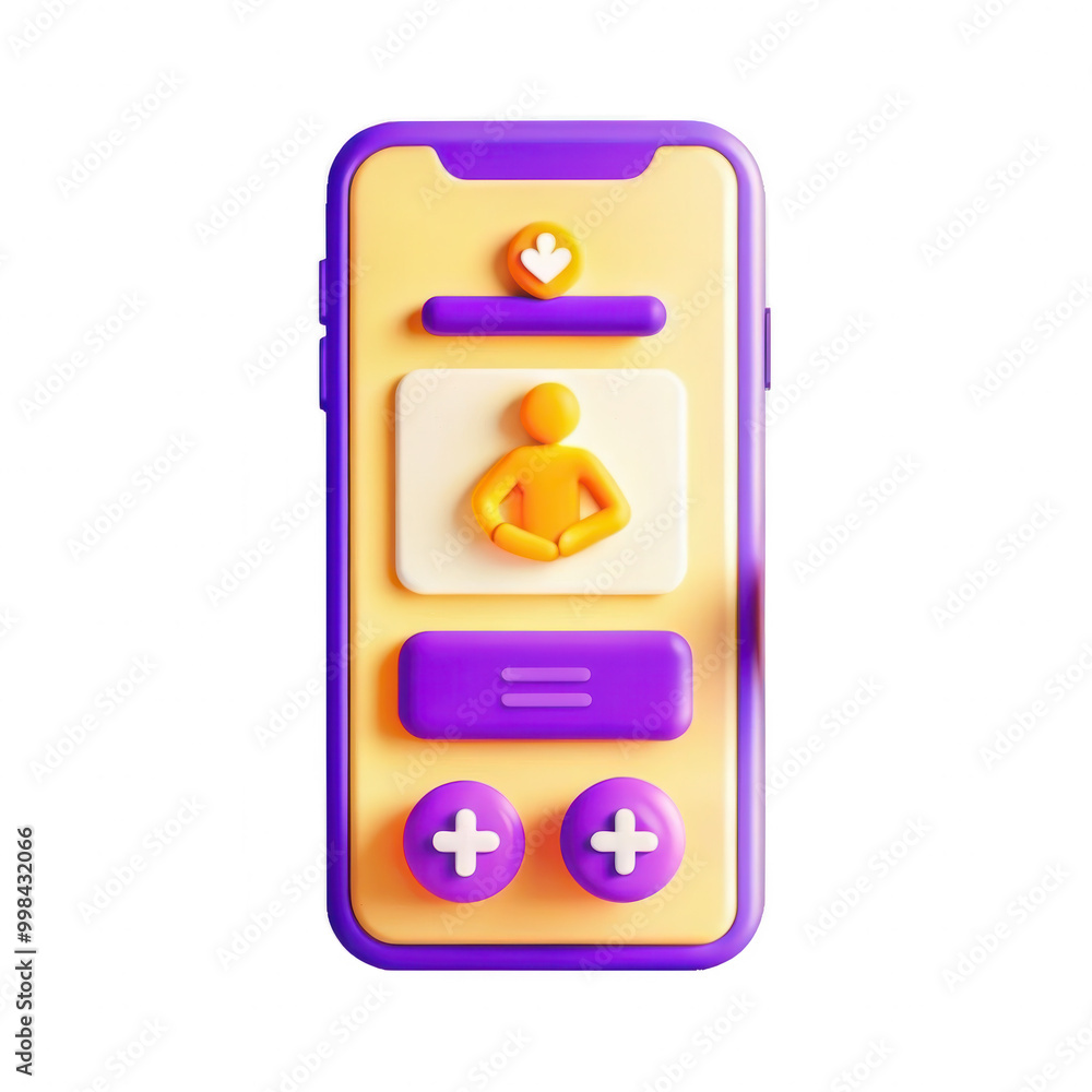 Poster a 3d render of a mobile health app interface featuring a meditating figure and various colorful butt