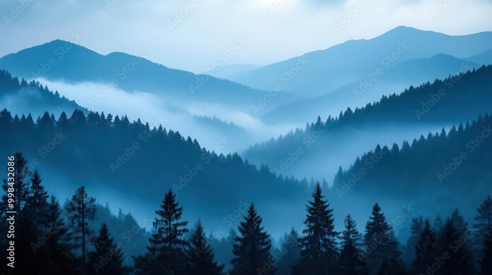 Poster misty mountain landscape layered peaks shrouded in ethereal fog with a dense coniferous forest silho