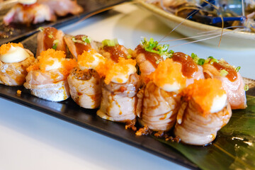 Set of sushi roll with sashimi delicious Japanese food