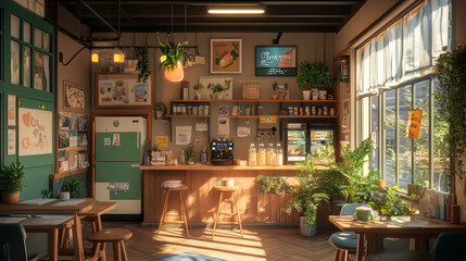 A cozy cafe interior featuring wooden furniture, plants, and welcoming atmosphere. space includes coffee machine, shelves with various products, and large windows allowing natural light to fill room