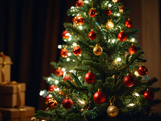 A Christmas tree adorned with red baubles and glowing lights.