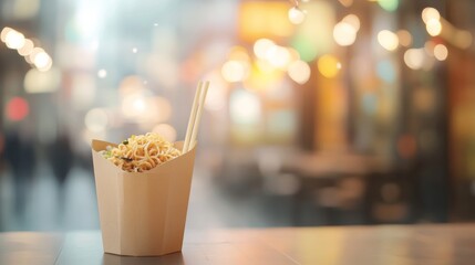 Minimalist background template for noodle product design, highlighting empty packaging objects like fast food boxes, dessert bags, and porridge cups in a clean, white space.
