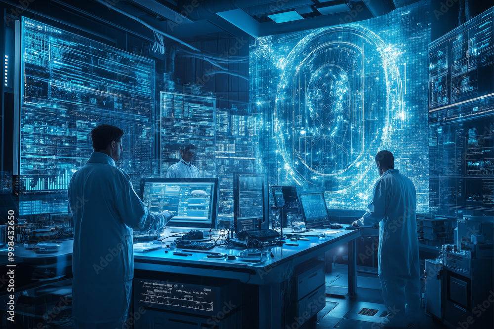Poster Innovative scientists conduct advanced research in a high-tech laboratory filled with holographic displays and data streams