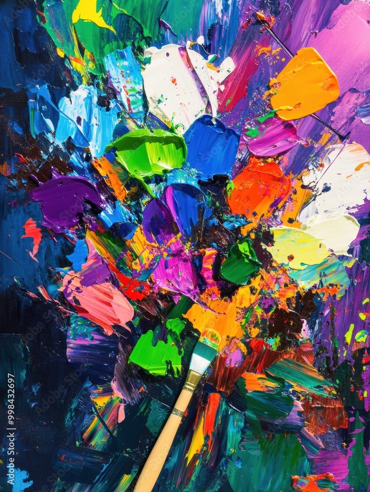Poster Bright splashes of color fill the palette as paintbrushes create expressive abstract strokes on a canvas, capturing artistic energy. Generative AI