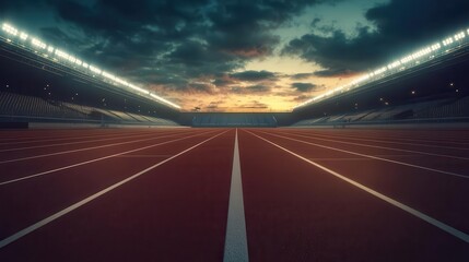 Fototapeta premium modern athletic stadium at twilight empty lanes stretching towards the horizon floodlights illuminate the track creating dramatic shadows and a sense of anticipation