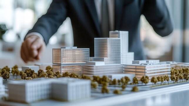 modern architectural scale model of sleek office complex miniature buildings with reflective facades businessman in suit gestures towards model clean bright setting emphasizes professionalism