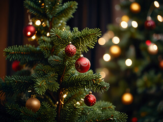 A Christmas tree adorned with red baubles and glowing lights.