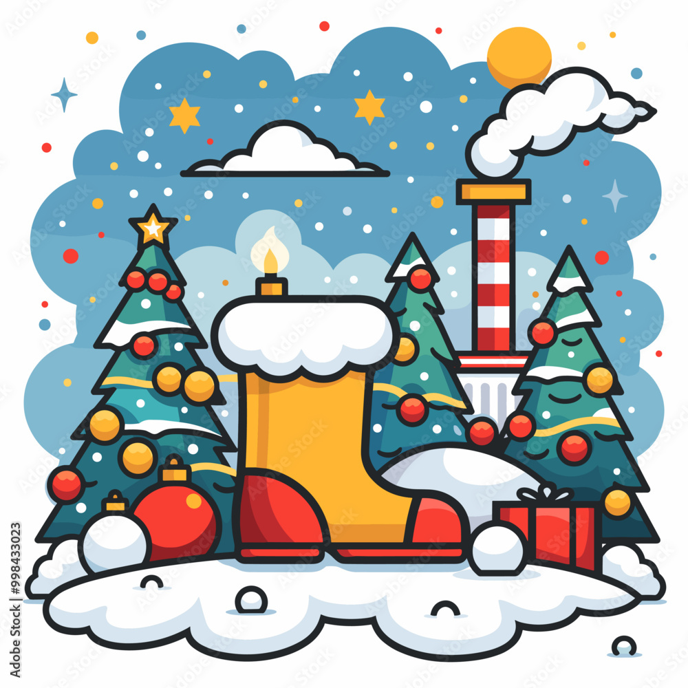 Poster a christmas scene with a red and yellow boot, a tree, and a building. the boot is on the ground next