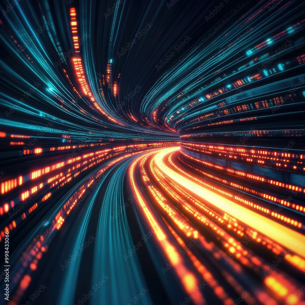 Poster abstract data tunnel of glowing light streaks on a dark background, representing data transfer speed