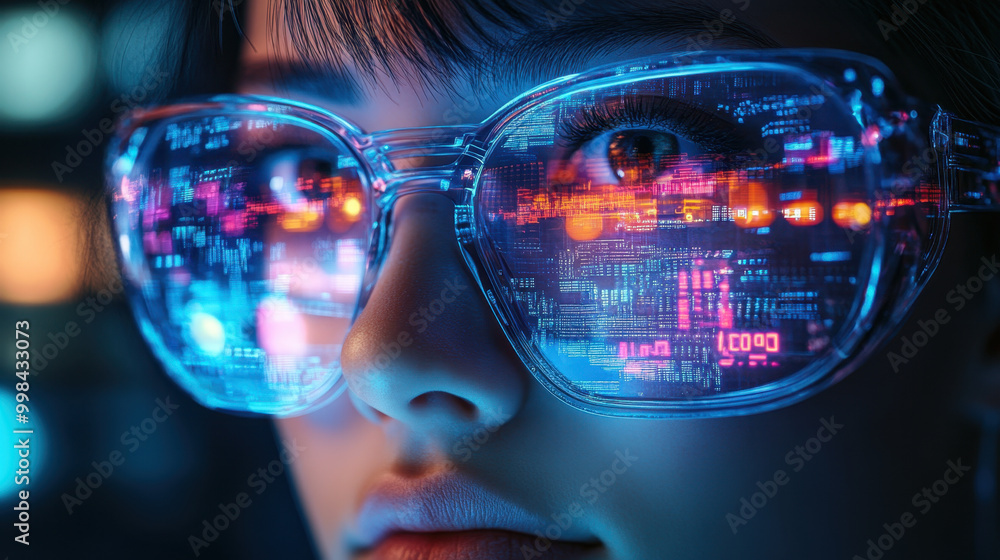 Poster cybernetic vision, a close-up portrait of a person with futuristic glasses, the lenses vividly refle