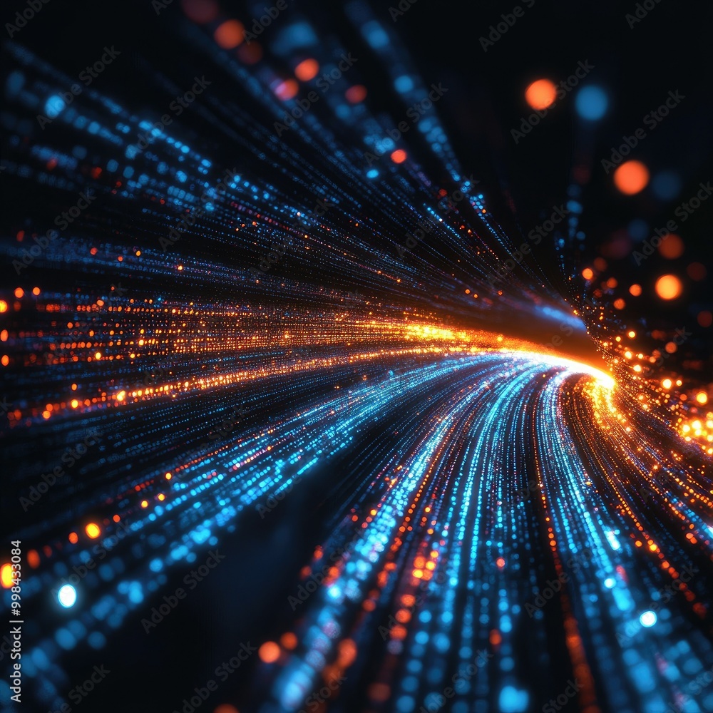 Poster abstract data tunnel of glowing light streaks on a dark background, representing data transfer speed