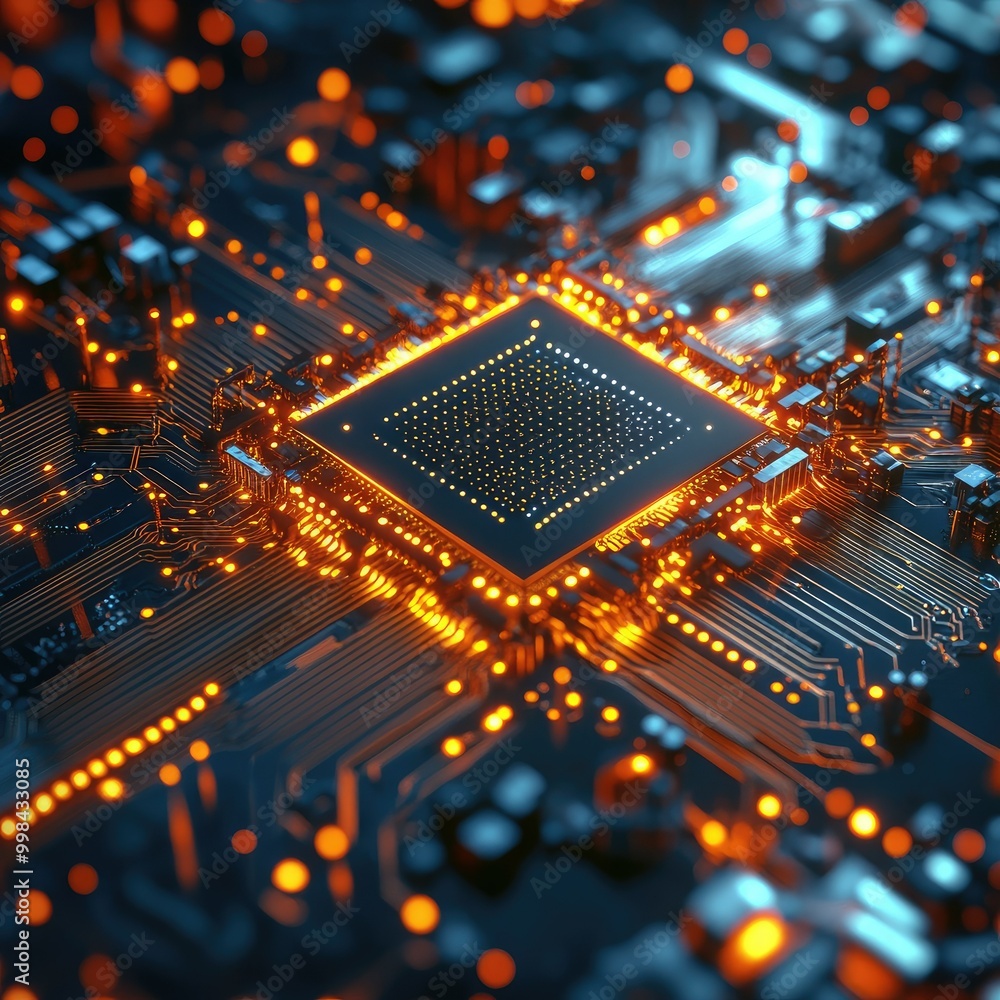 Poster abstract digital particles forming an advanced quantum computer chip, symbolizing the future of quan