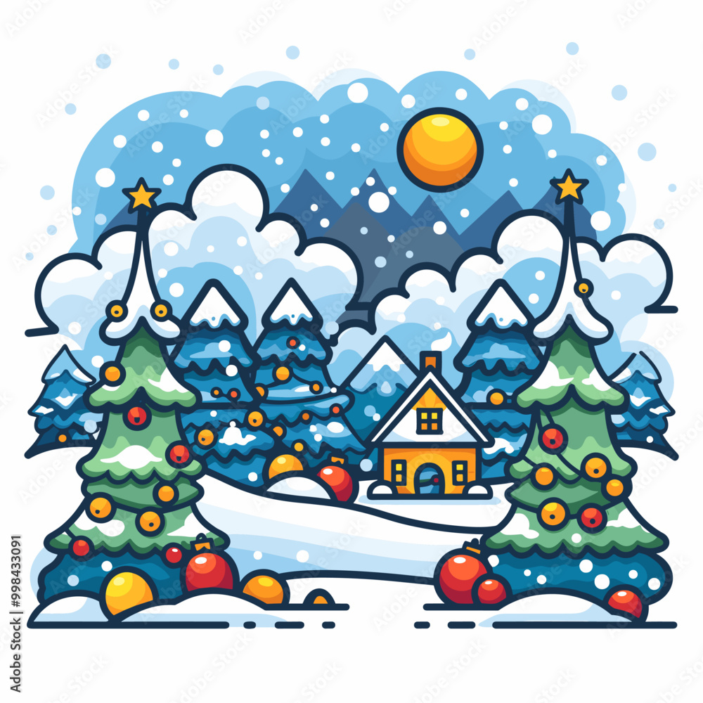 Poster a winter scene with a house and trees. the house is yellow and has a window. there are many trees in