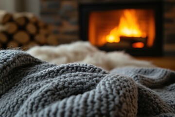 a blanket on the bed in front of the fireplace