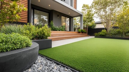 modern australian house with manicured front yard featuring contemporary artificial turf lawn with sleek wooden edging clean lines and minimalist landscaping