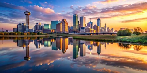 Dallas skyline reflected in Trinity River at sunset