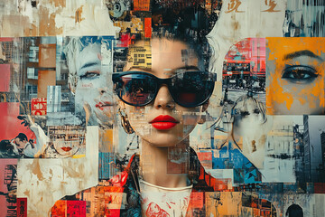 A vibrant mixed-media collage depicting urban life and expression through art, featuring a stylish figure surrounded by vivid imagery