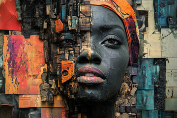 A vibrant mixed-media collage celebrating cultural heritage through expressive portraits and textured materials in a captivating arrangement