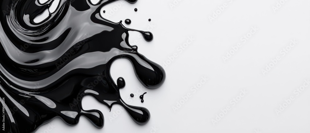 Poster a close-up view of glossy black paint elegantly flowing across a clean white background, creating dy