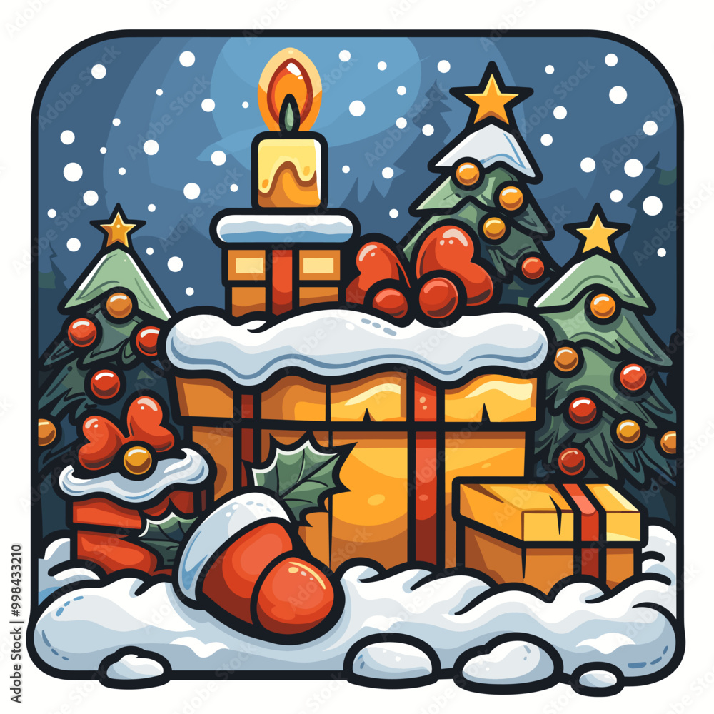Poster a festive scene with a candle on top of a box and a star on top of a tree. the box is decorated with