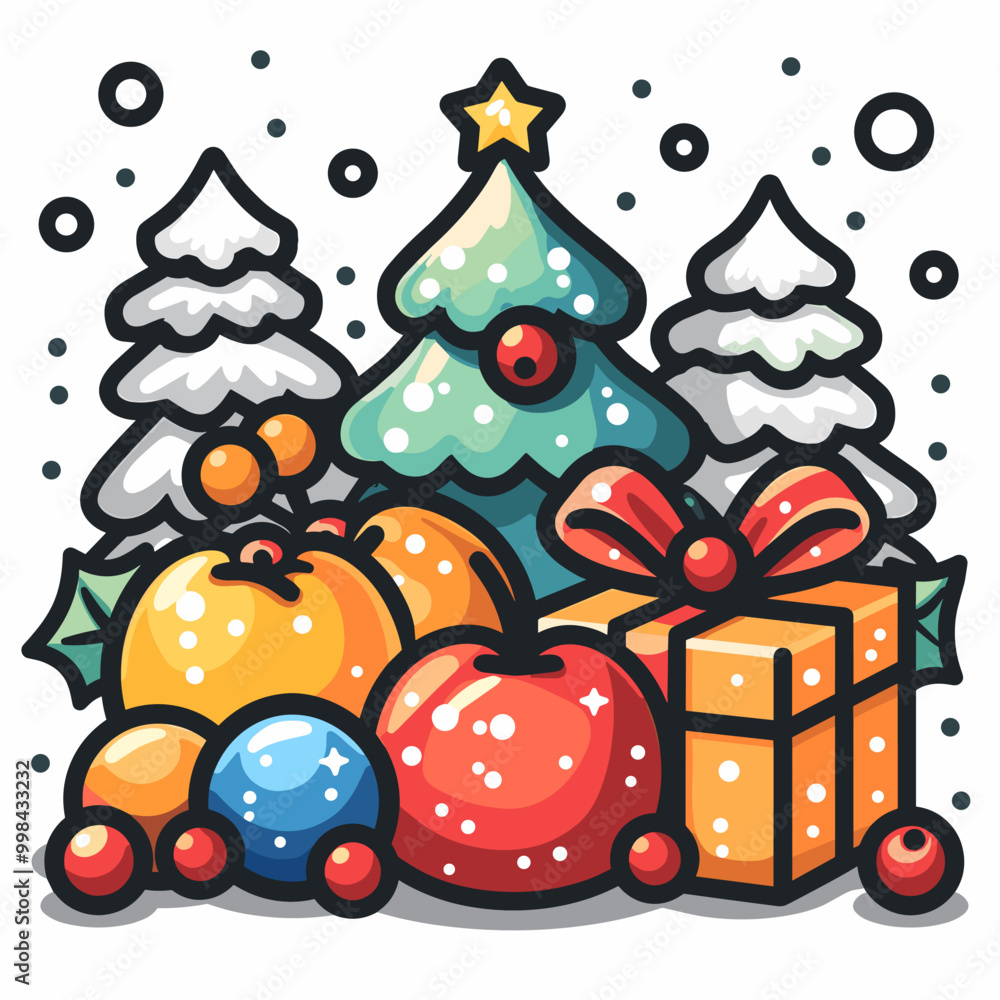 Poster a christmas tree with a red and gold box on top of it. the box is decorated with a red ribbon. there