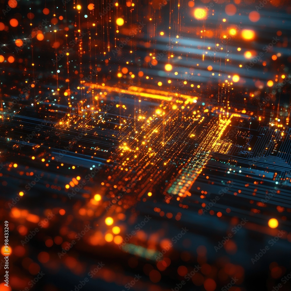 Poster abstract digital particles forming an advanced quantum computer chip, symbolizing the future of quan