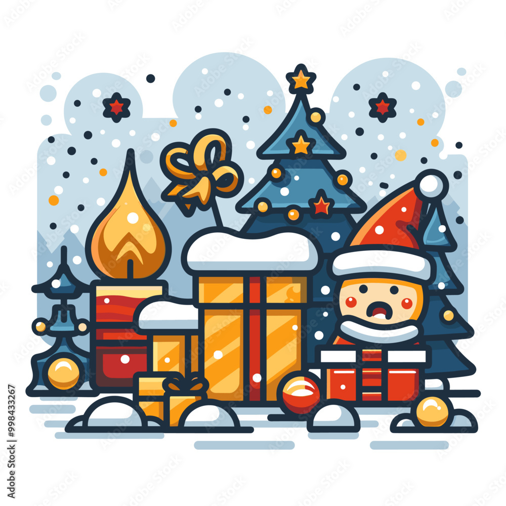 Poster a christmas scene with a man in a santa hat and a tree with a bow on it. there are also presents and