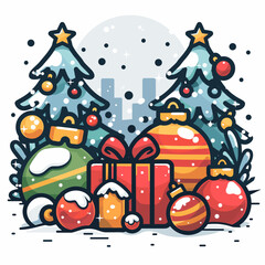 A Christmas tree with a red present on top. The tree is surrounded by many ornaments, including some that are shaped like balls