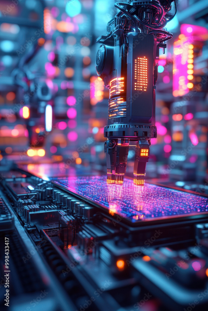 Poster blockchain integration, a futuristic factory features holographic robot arms actively working on mic