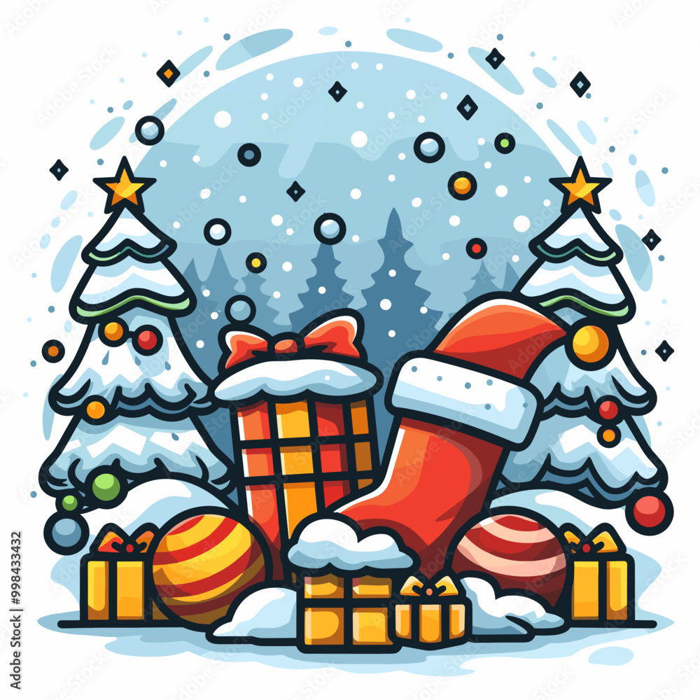 Poster a christmas scene with a red santa claus stocking and a tree with a star on top. the scene is filled