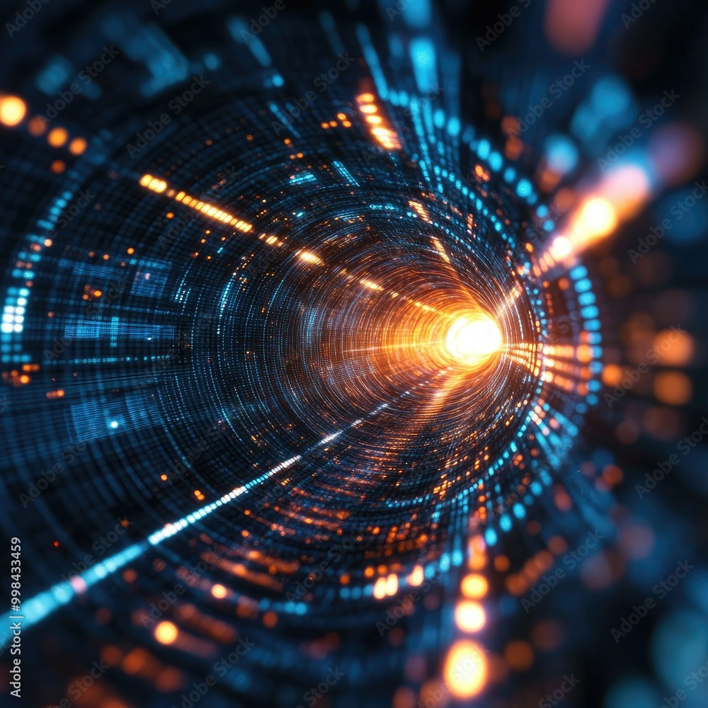 Poster abstract digital tunnel of light with data streams, representing advanced information transfer techn