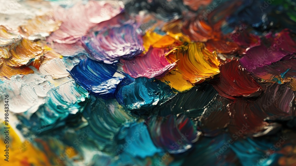 Poster visualize an palette with paint mixing on the surface.