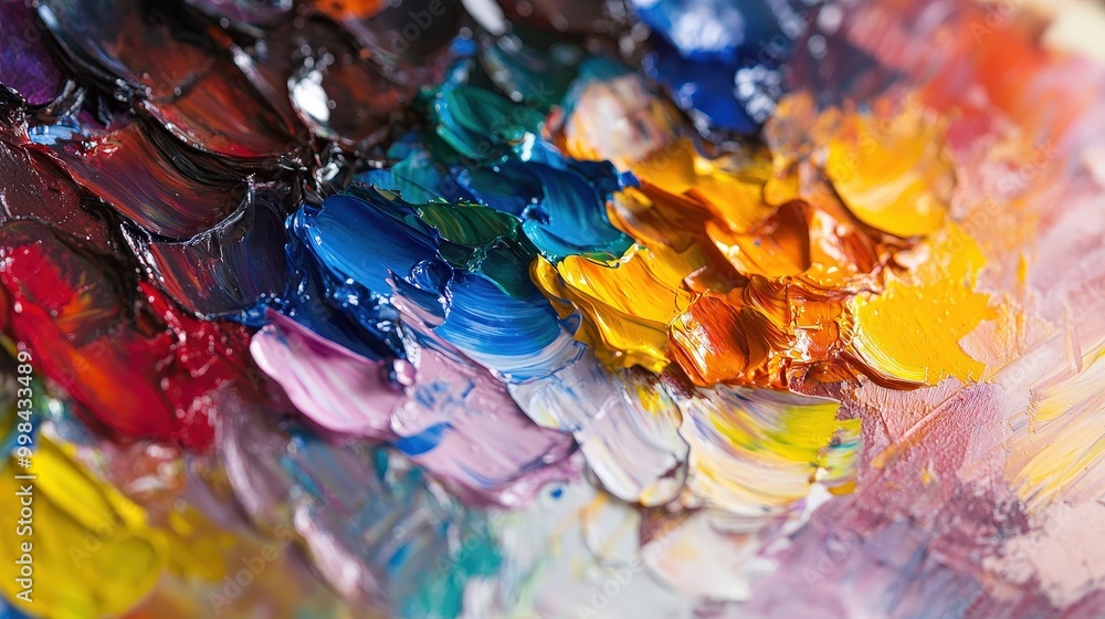 Poster visualize an palette with paint mixing on the surface.