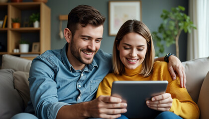 A young couple sitting on a couch, smiling while looking at a tablet, relaxed and enjoying their time together.