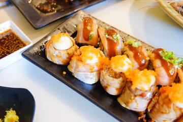 Set of sushi roll with sashimi delicious Japanese food