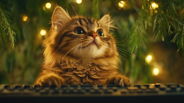 Adorable fluffy kitten enthralled by computer, surrounded by cozy warm lights