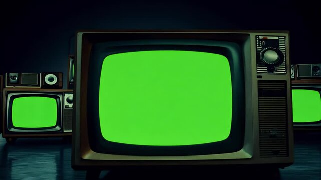 Retro televisions turning captured zoomout shot green screens ready footage replacement offering engaging darktoned 4K visual perfect video production editing television chroma key  