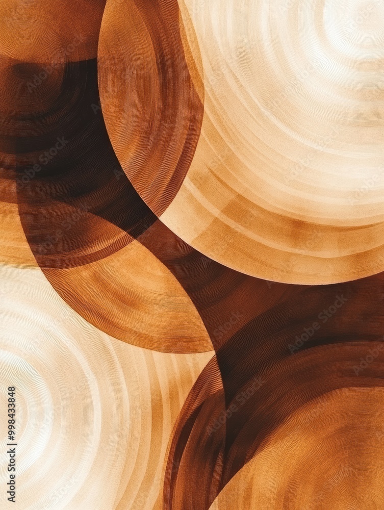 Poster Overlapping coffee cup rings in various shades of brown form a vibrant, organic pattern that captivates with its dynamic design. Generative AI