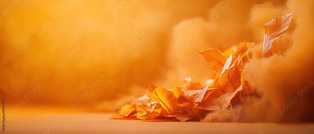 Poster a vibrant scene of orange leaf and smoke, creating an artistic abstraction with dynamic textures.