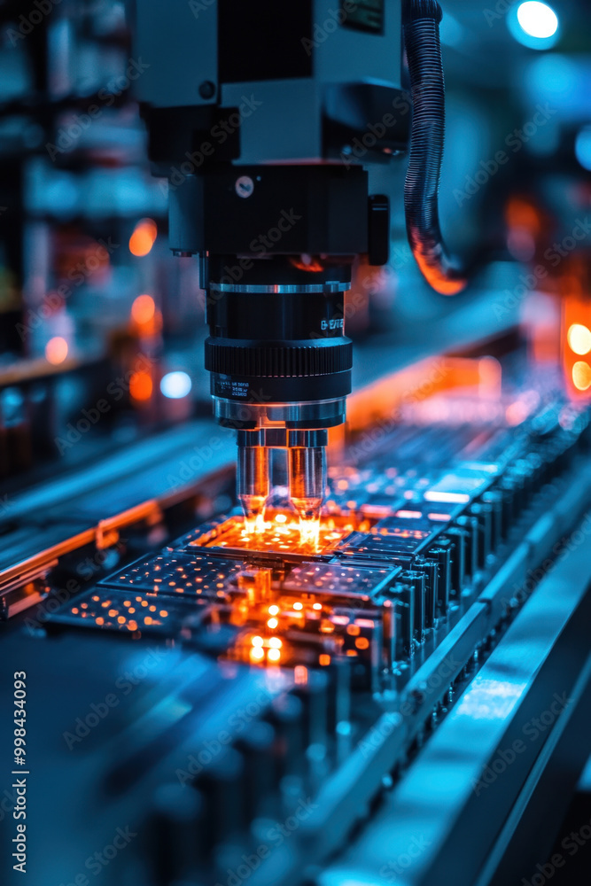 Poster blockchain integration, in a state-of-the-art factory, robotic arms project holograms while assembli